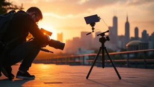 Videographer capturing a stunning cityscape during golden hour, emphasizing creativity and artistry.
