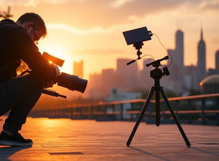Videographer capturing a stunning cityscape during golden hour, emphasizing creativity and artistry.