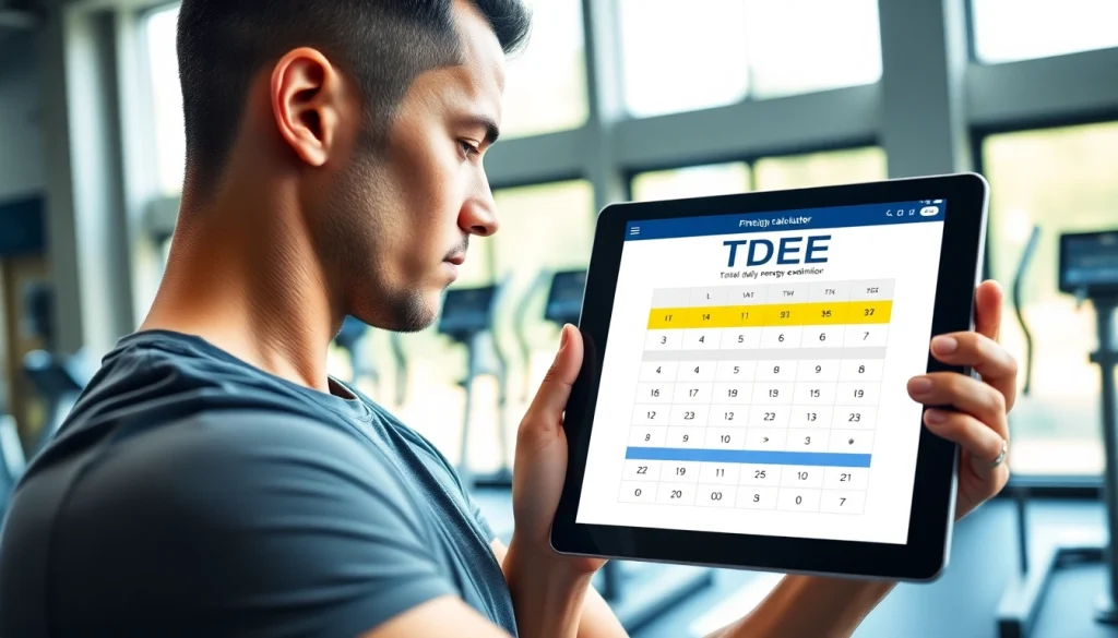 Calculate your total daily energy expenditure with a TDEE calculator in a vibrant gym setting.