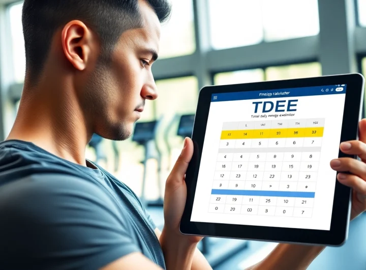 Calculate your total daily energy expenditure with a TDEE calculator in a vibrant gym setting.