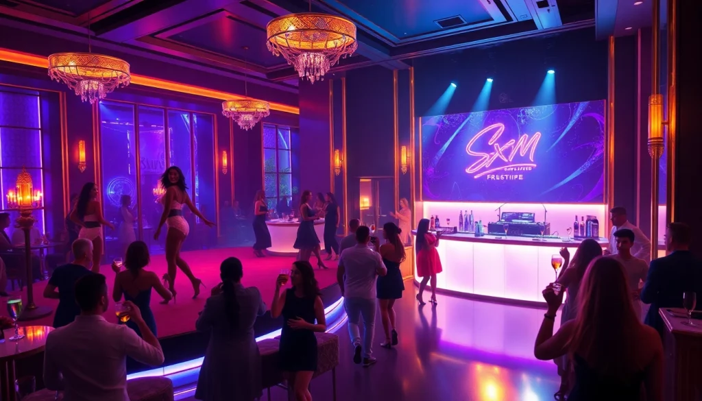 Vibrant nightlife at Club SXM showcasing dancers, patrons, and an energetic atmosphere.