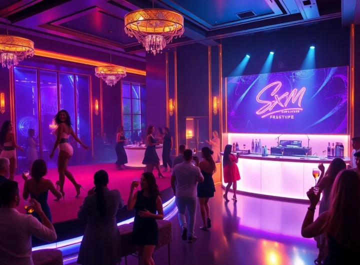 Vibrant nightlife at Club SXM showcasing dancers, patrons, and an energetic atmosphere.