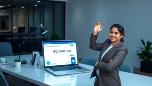 BOX138 showcases a business professional celebrating a successful online withdrawal of Rp 2.424.000,00 in a modern office setting.