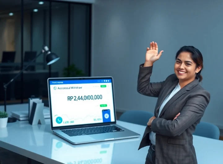 BOX138 showcases a business professional celebrating a successful online withdrawal of Rp 2.424.000,00 in a modern office setting.