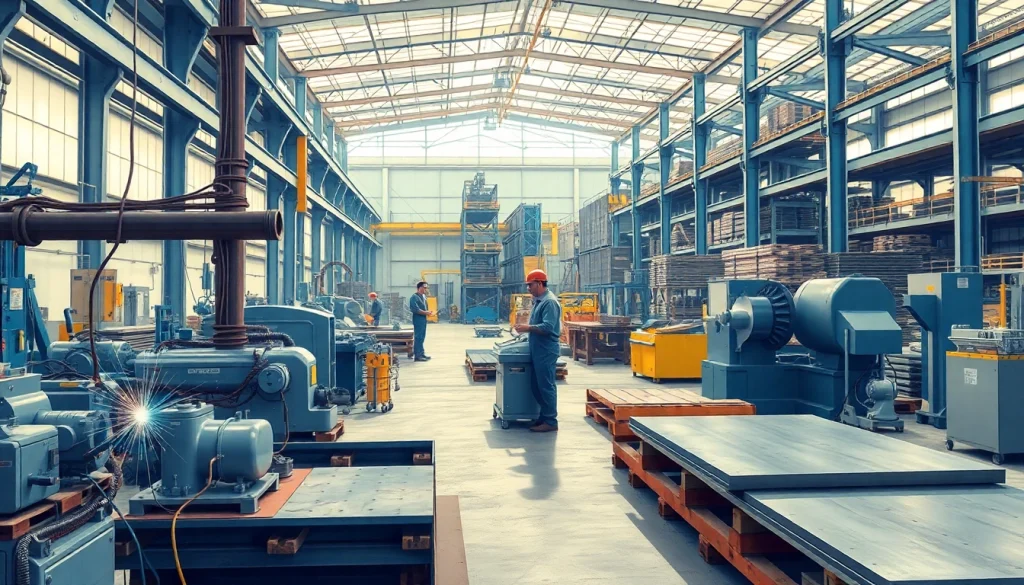 Workers collaborating in a steel fabrication shop, demonstrating high-quality metal craftsmanship.