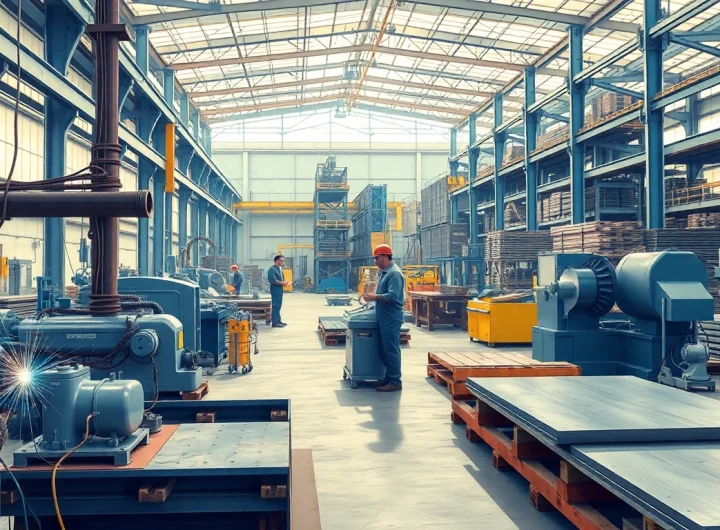 Workers collaborating in a steel fabrication shop, demonstrating high-quality metal craftsmanship.