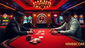 Engaging players at the MM88COM poker table, showcasing high-stakes excitement and casino ambiance.