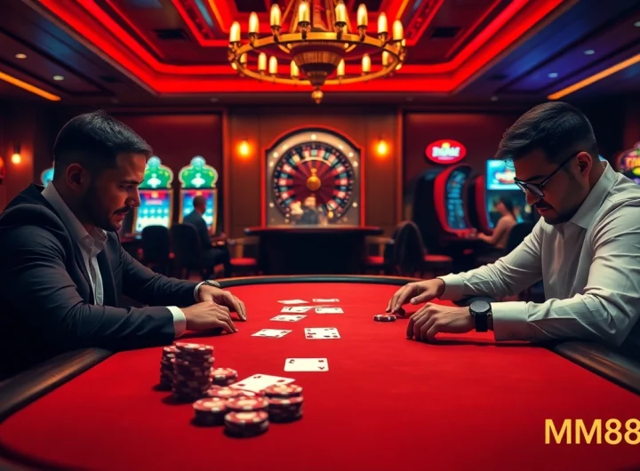 Engaging players at the MM88COM poker table, showcasing high-stakes excitement and casino ambiance.