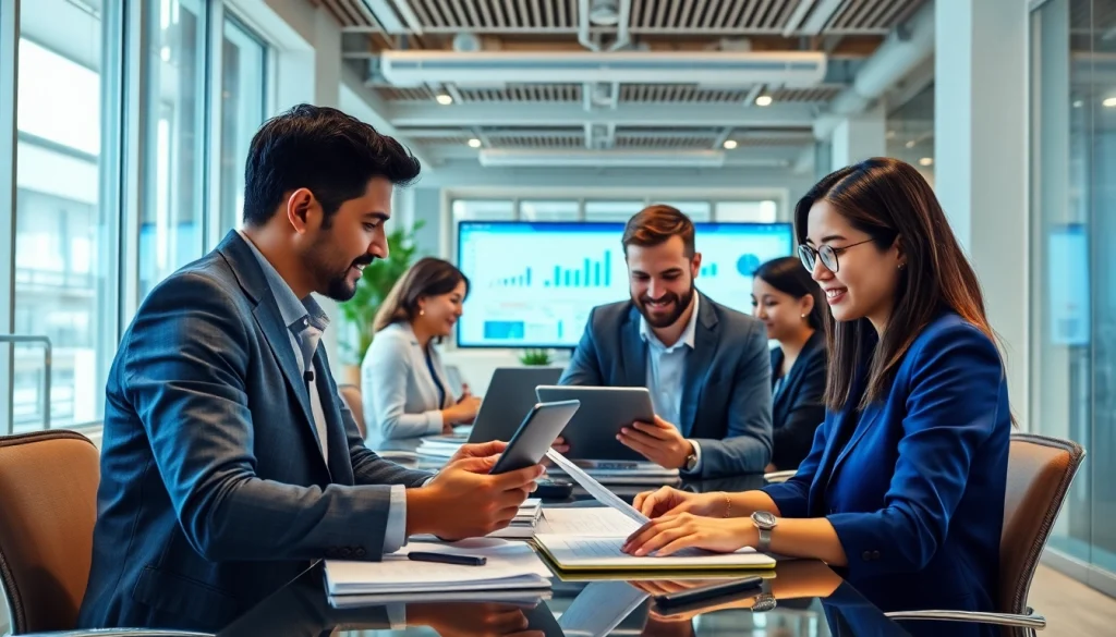 Dynamic team collaboration in an office showcasing wps下载 features on digital devices.