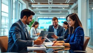 Dynamic team collaboration in an office showcasing wps下载 features on digital devices.