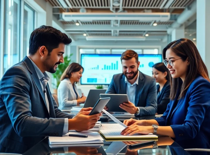 Dynamic team collaboration in an office showcasing wps下载 features on digital devices.