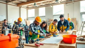 Students learning at construction trade schools in texas while engaging with tools and machinery.