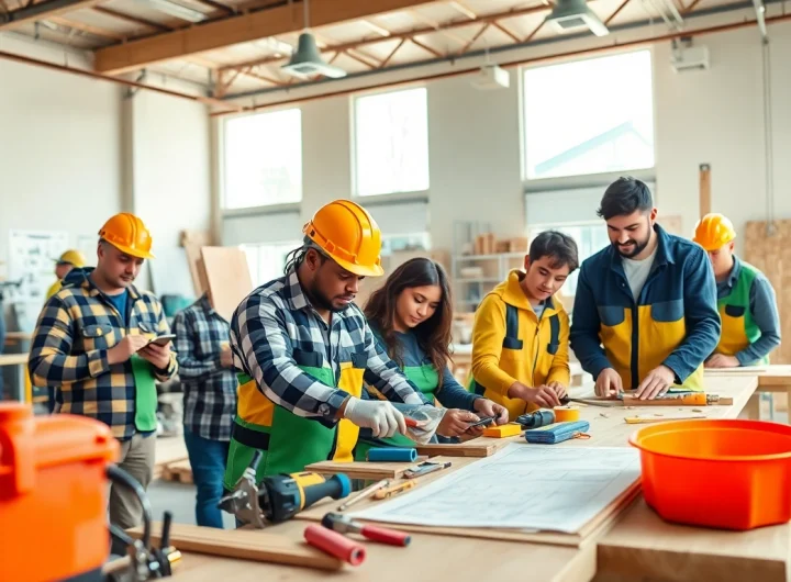Students learning at construction trade schools in texas while engaging with tools and machinery.