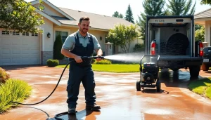 Pressure wash service technician cleaning a driveway with high-powered equipment for a sparkling finish.