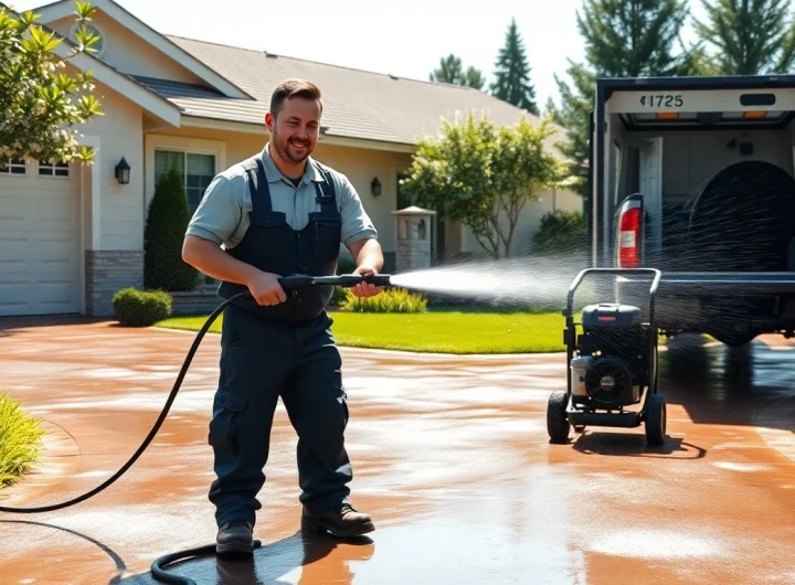 Pressure wash service technician cleaning a driveway with high-powered equipment for a sparkling finish.