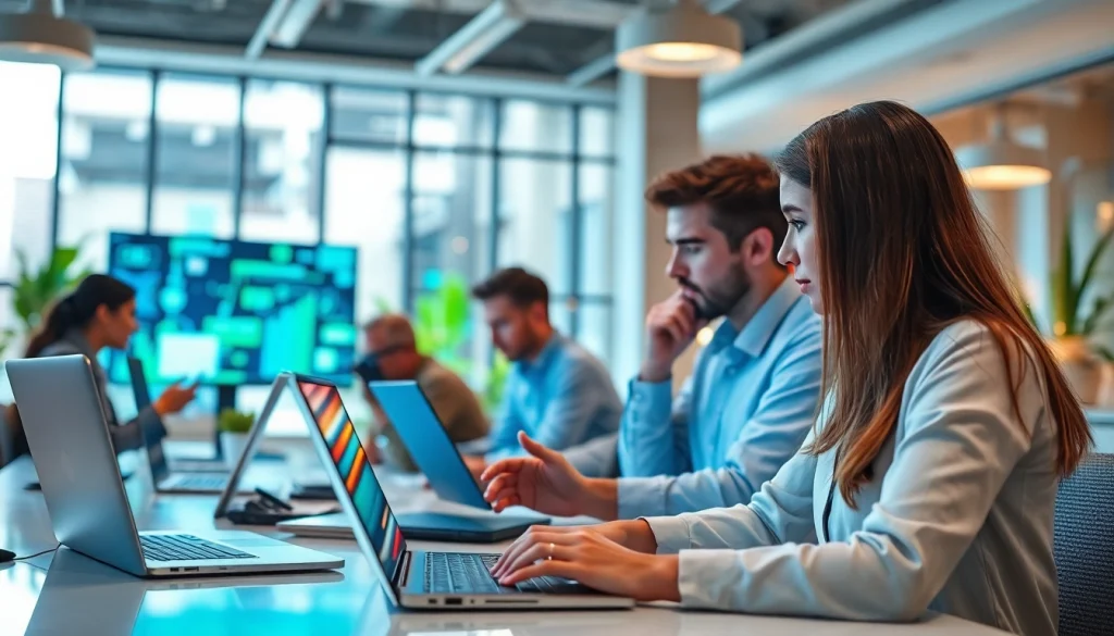 Showcase of ai apps enhancing productivity in a vibrant workspace environment.