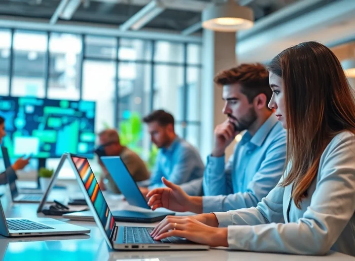 Showcase of ai apps enhancing productivity in a vibrant workspace environment.