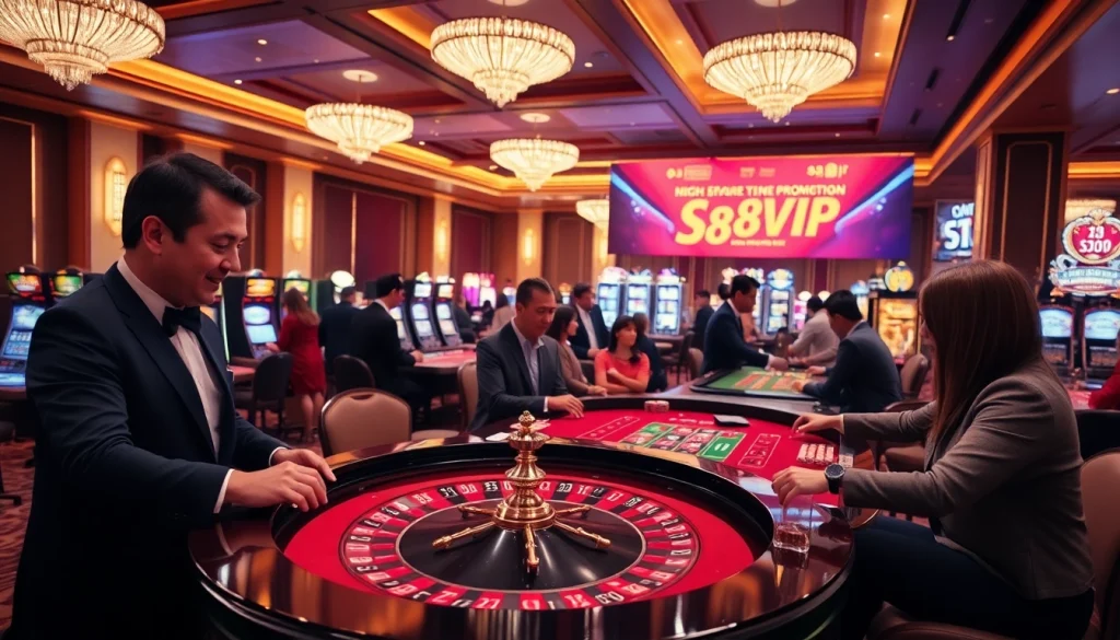 Experience excitement at Trang chủ S88VIP with affluent players at a roulette table in a luxurious casino.