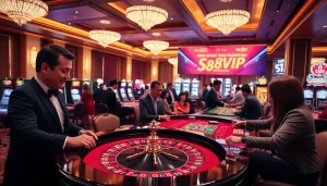 Experience excitement at Trang chủ S88VIP with affluent players at a roulette table in a luxurious casino.