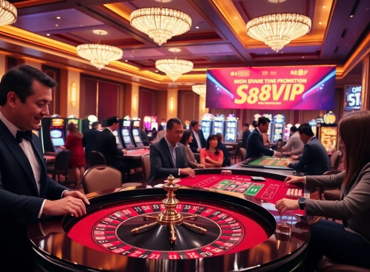 Experience excitement at Trang chủ S88VIP with affluent players at a roulette table in a luxurious casino.