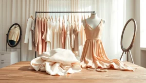 Rivelle showcases elegant fashion pieces displayed in a stylish boutique setting.