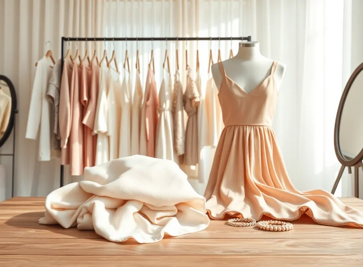 Rivelle showcases elegant fashion pieces displayed in a stylish boutique setting.