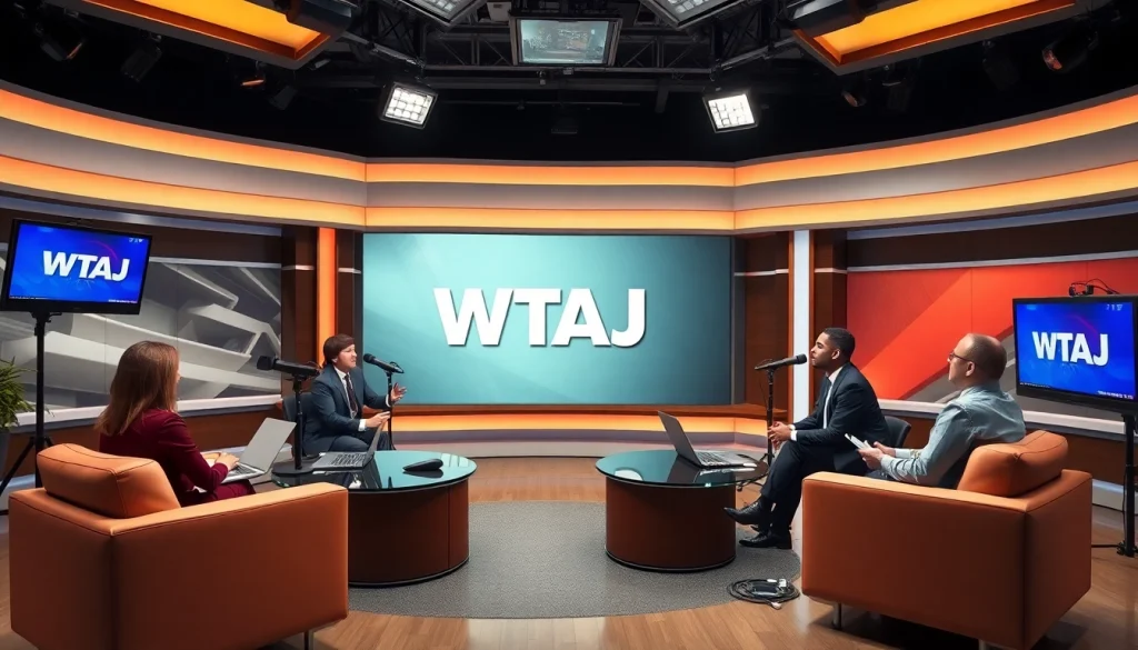 WTAJ branded news studio showcasing lively discussions and modern equipment.