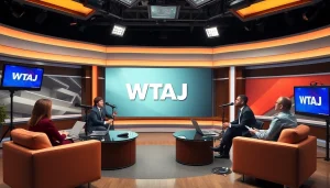WTAJ branded news studio showcasing lively discussions and modern equipment.