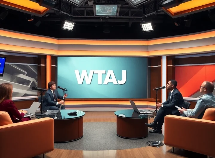 WTAJ branded news studio showcasing lively discussions and modern equipment.