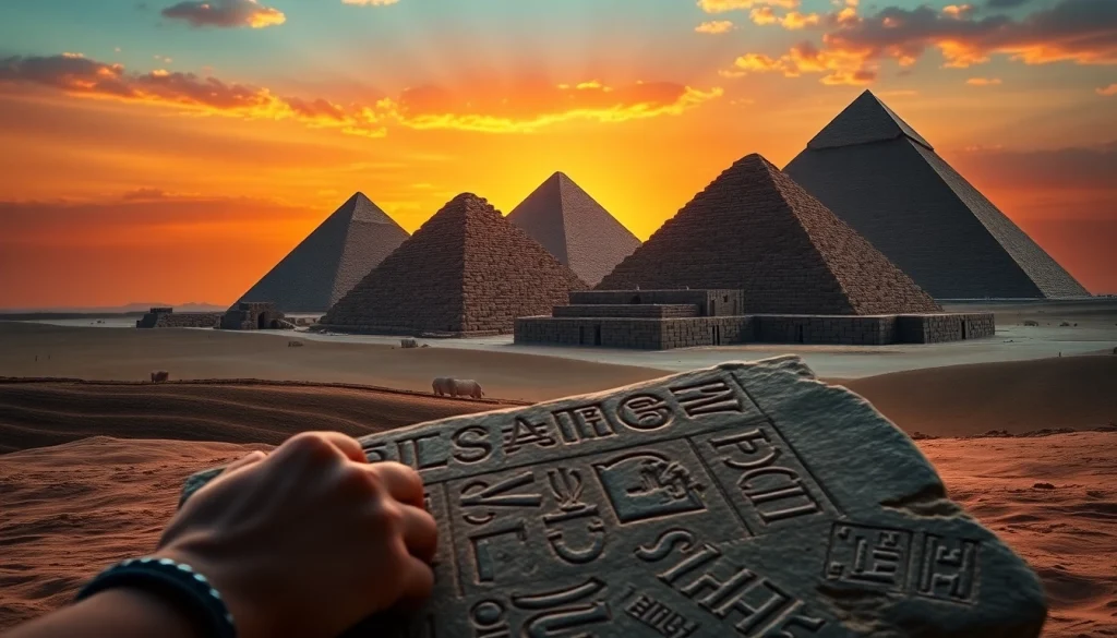 Discover the towering piraminds of Giza illuminated by a breathtaking sunset.