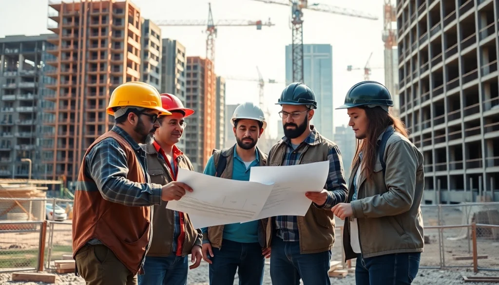 Construction workforce development showcasing teamwork among diverse workers on site.