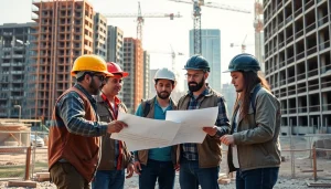 Construction workforce development showcasing teamwork among diverse workers on site.