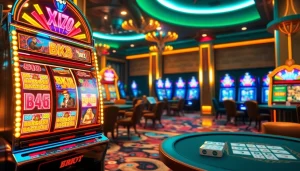 Engaging scene of BK8 สล็อต slot machines in a lavish casino atmosphere, filled with excitement.