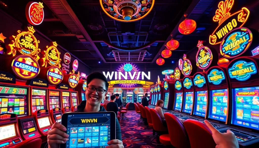 Experience the vibrant casino atmosphere of winvn88.live with players enjoying various games, highlighting trust and excitement.