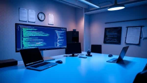 Modern workspace showcasing infosec tools and cybersecurity expertise with dual monitors and professional atmosphere.