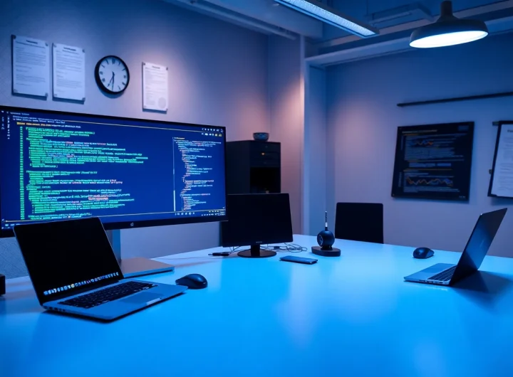 Modern workspace showcasing infosec tools and cybersecurity expertise with dual monitors and professional atmosphere.