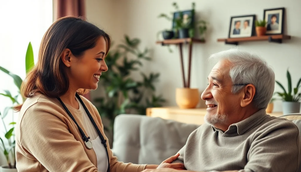 Senior care austin tx showing a caregiver providing warm support to an elderly man.