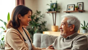 Senior care austin tx showing a caregiver providing warm support to an elderly man.