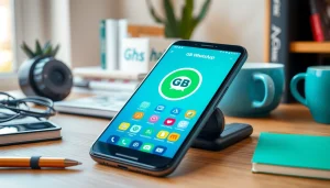 Experience the features of the GB WhatsApp app displayed on a smartphone in a cozy workspace.