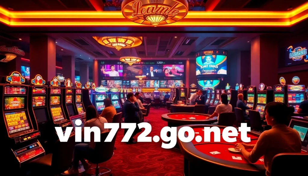 Experience the excitement of vin777.gb.net with players enjoying diverse casino games in a vibrant, luxurious environment.