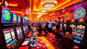 Para pemain yang bersemangat menikmati sensasi deposit slot 1K di kasino yang ramai dengan mesin slot dan chip.