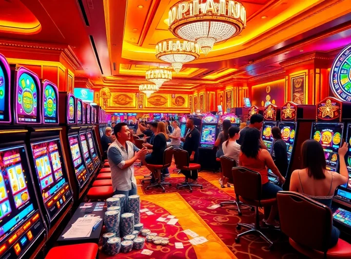 Para pemain yang bersemangat menikmati sensasi deposit slot 1K di kasino yang ramai dengan mesin slot dan chip.