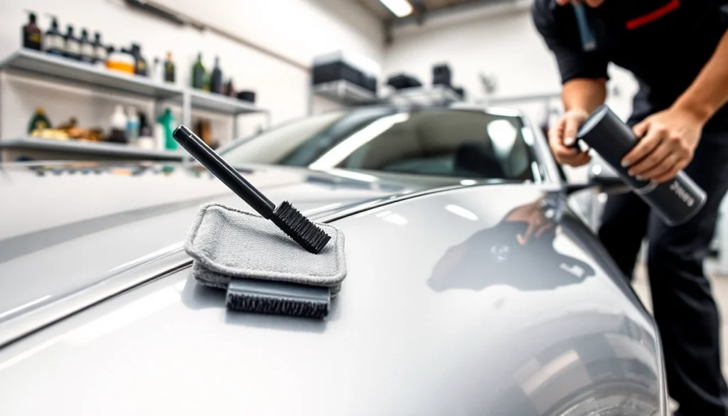 Ceramic coating Chattanooga applied on a silver car by a detailer, showing expert craftsmanship.