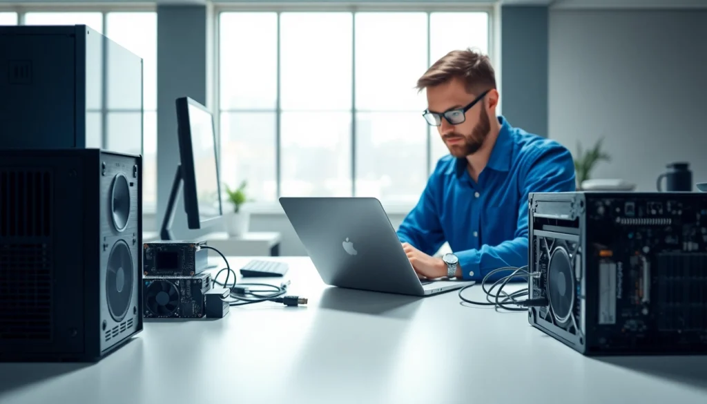 Computer service technician fixing a laptop in a modern workspace.
