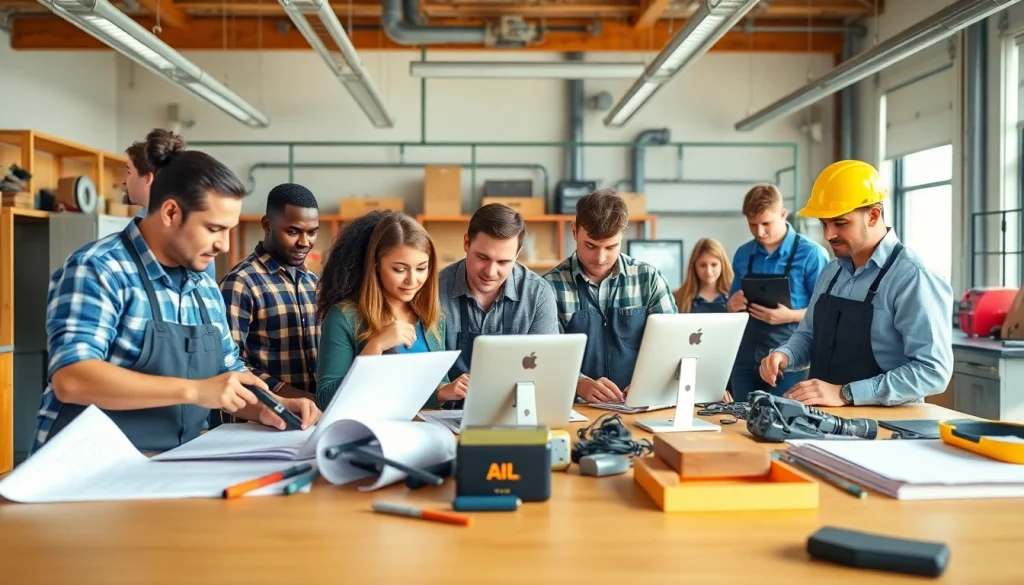 Trade School Tennessee students actively engaged in hands-on training within a modern workshop setting.