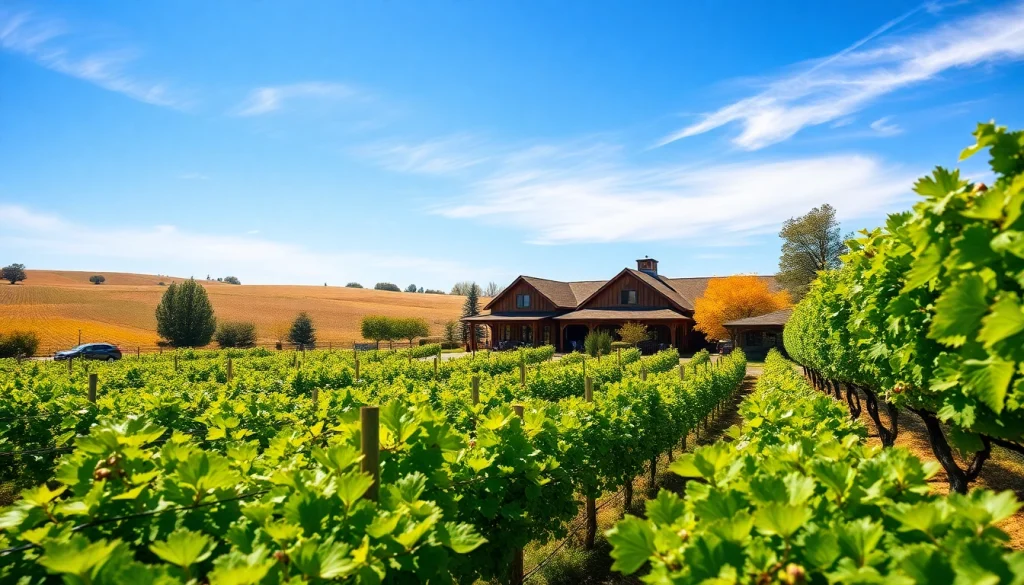 Visit Clarksburg wineries in stunning vineyards with vibrant green grapevines and inviting tasting rooms.