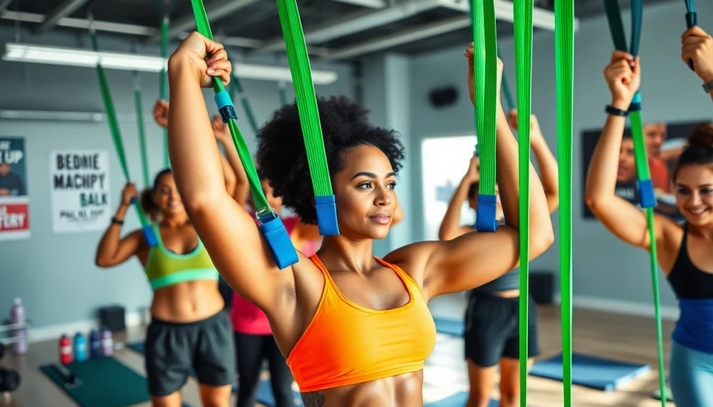 Active individuals using assisted pull-up bands in a gym to build strength and fitness.