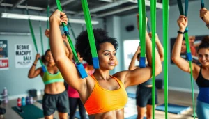 Active individuals using assisted pull-up bands in a gym to build strength and fitness.