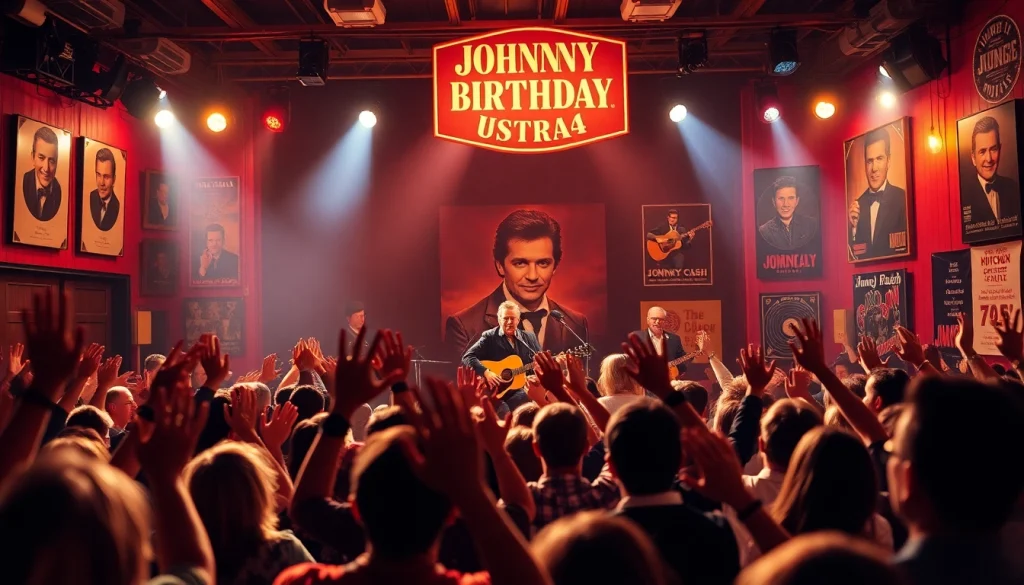JohnnyCashBirthday.com vibrant celebration scene featuring musicians, audience, and vintage decor.