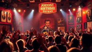 JohnnyCashBirthday.com vibrant celebration scene featuring musicians, audience, and vintage decor.